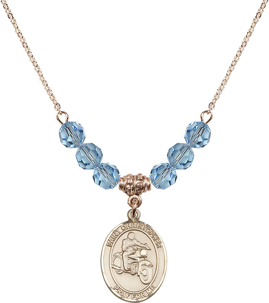 14kt Gold Filled Saint Christopher/Motorcycle Birthstone Necklace with Aqua Beads - 8185