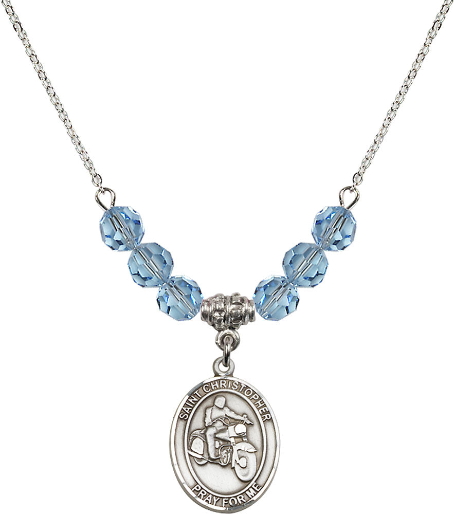 Sterling Silver Saint Christopher/Motorcycle Birthstone Necklace with Aqua Beads - 8185