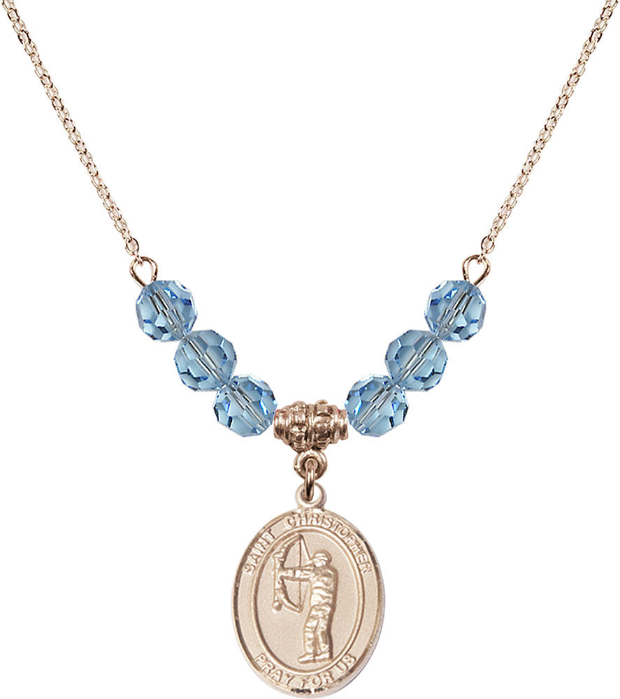 14kt Gold Filled Saint Christopher/Archery Birthstone Necklace with Aqua Beads - 8190