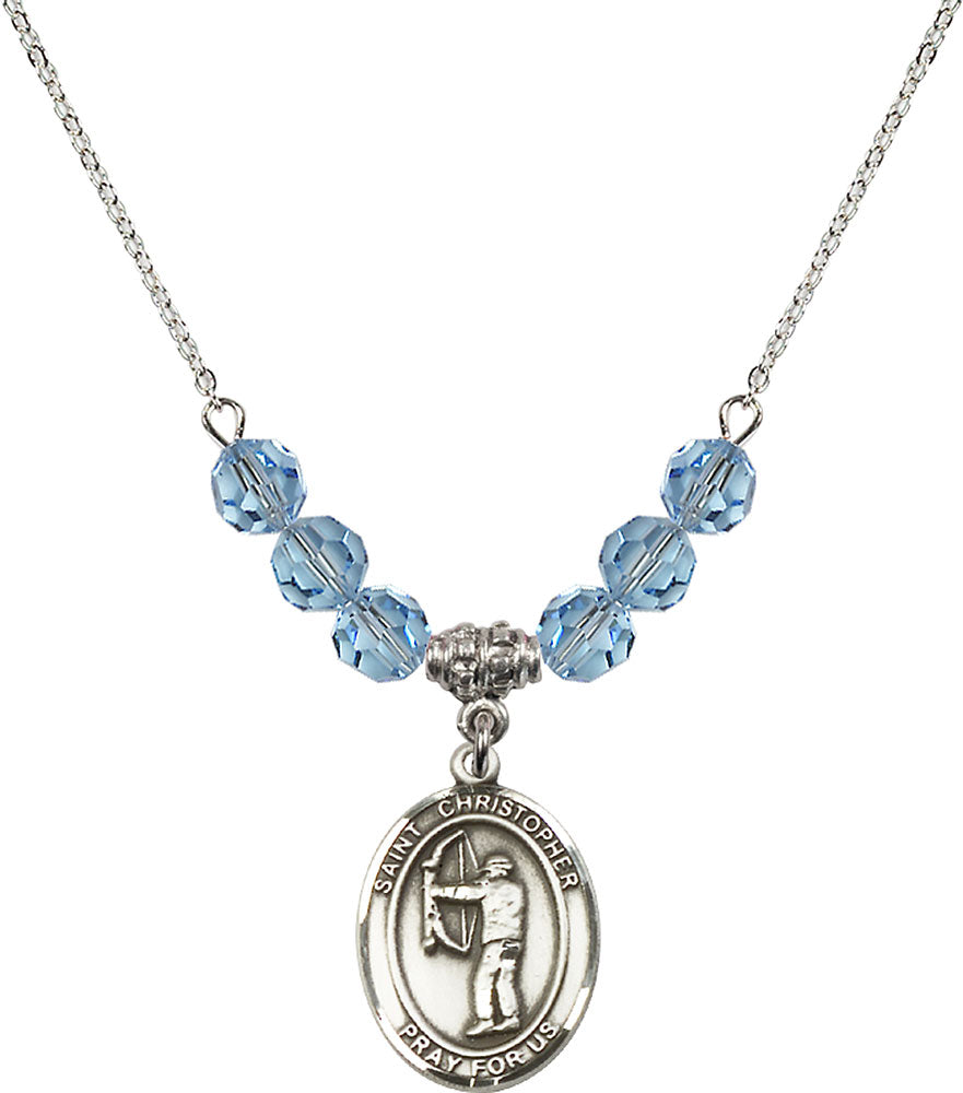 Sterling Silver Saint Christopher/Archery Birthstone Necklace with Aqua Beads - 8190