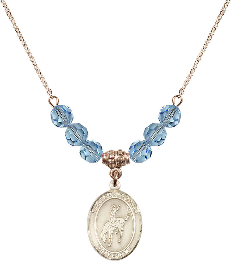 14kt Gold Filled Saint Christopher / Rodeo Birthstone Necklace with Aqua Beads - 8192