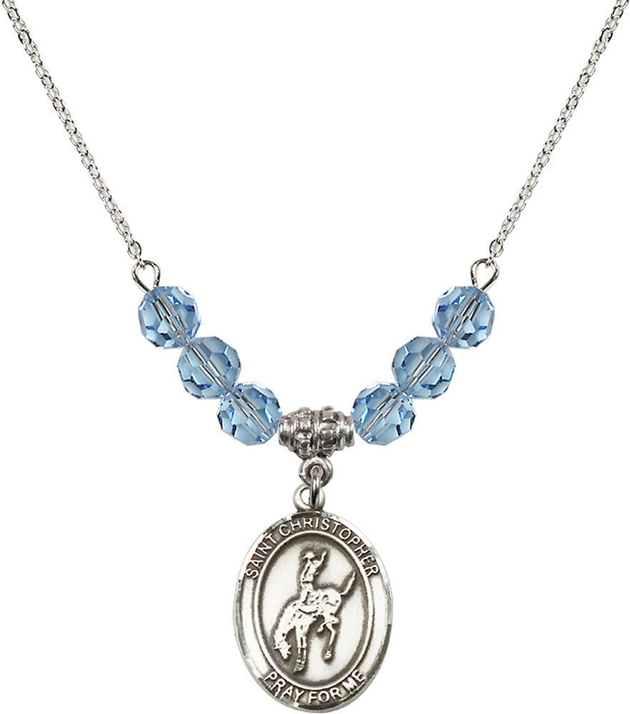 Sterling Silver Saint Christopher / Rodeo Birthstone Necklace with Aqua Beads - 8192