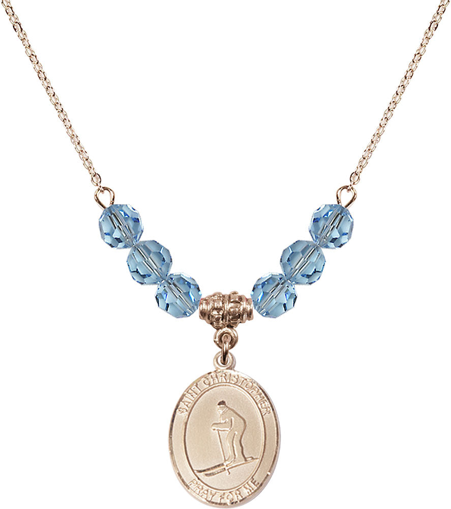 14kt Gold Filled Saint Christopher / Skiing Birthstone Necklace with Aqua Beads - 8193