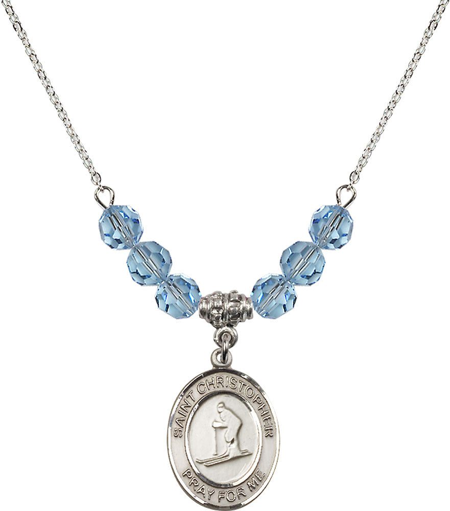 Sterling Silver Saint Christopher / Skiing Birthstone Necklace with Aqua Beads - 8193