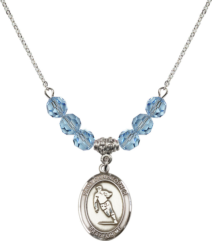 Sterling Silver Saint Christopher / Rugby Birthstone Necklace with Aqua Beads - 8194