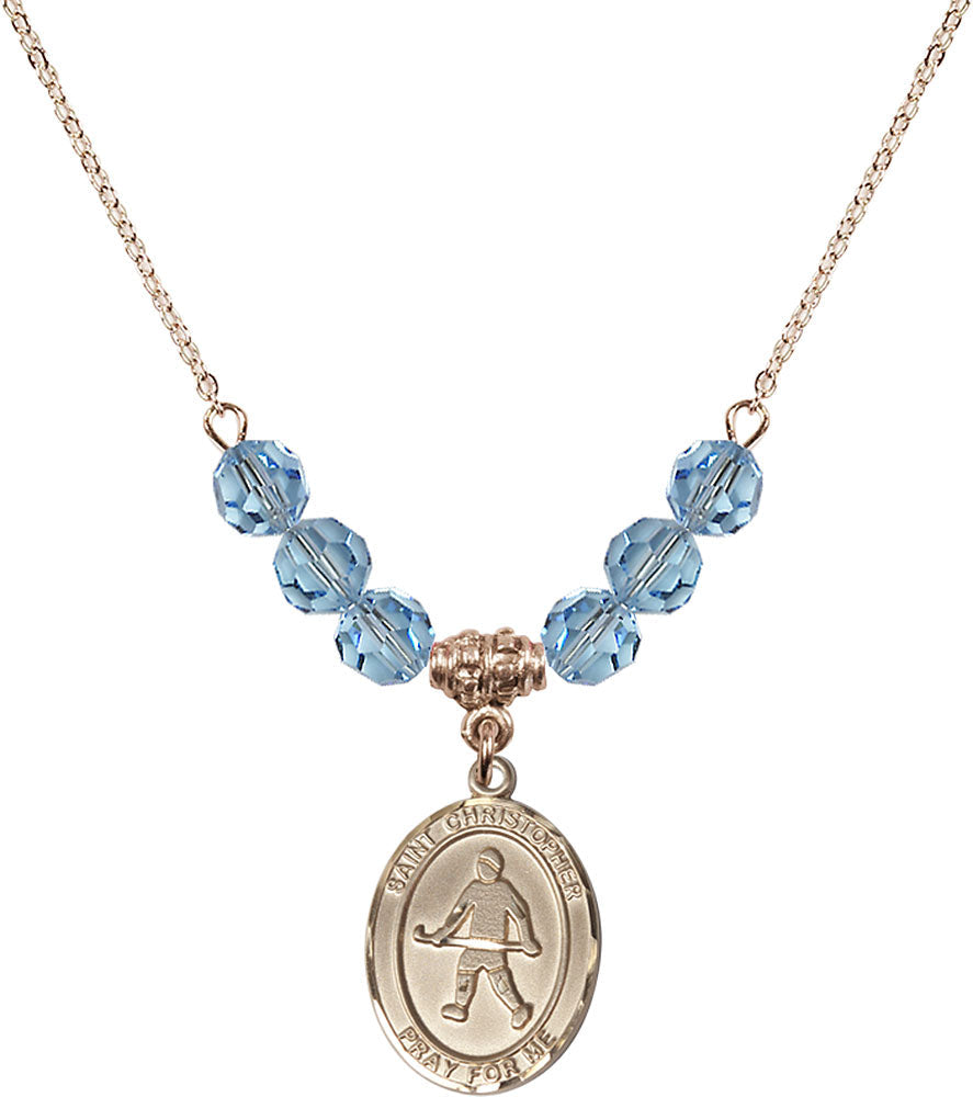 14kt Gold Filled Saint Christopher / Field Hockey Birthstone Necklace with Aqua Beads - 8195