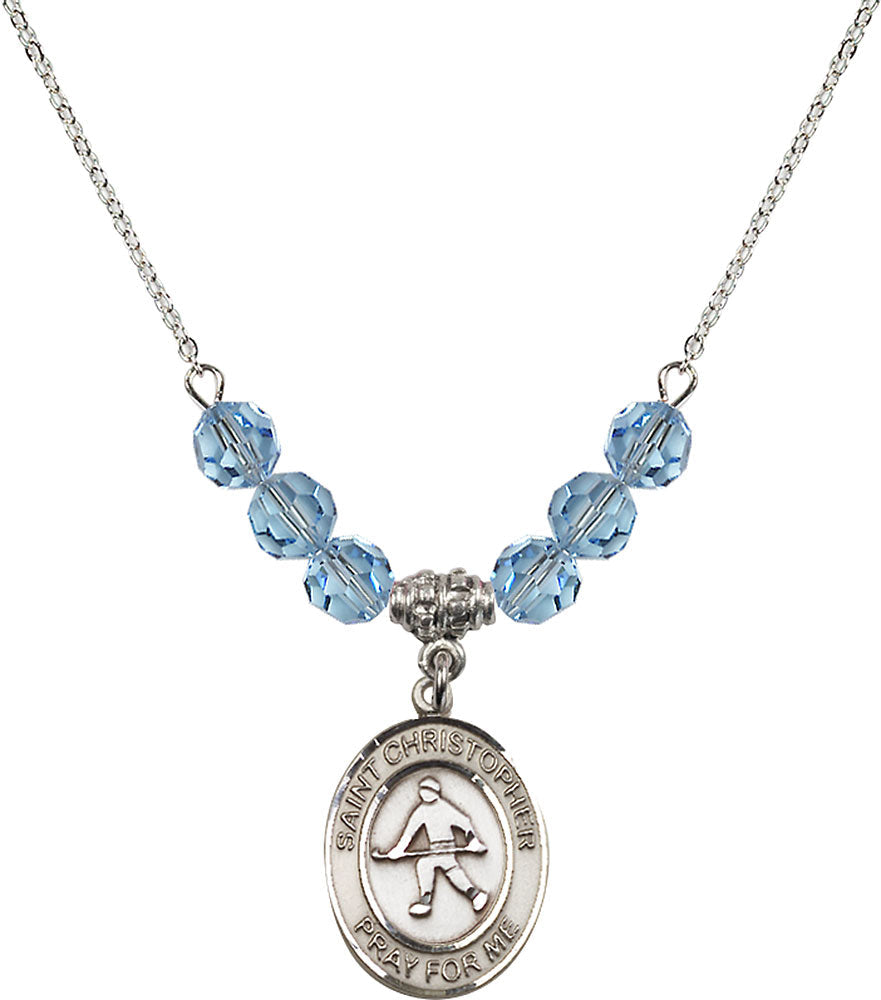 Sterling Silver Saint Christopher / Field Hockey Birthstone Necklace with Aqua Beads - 8195