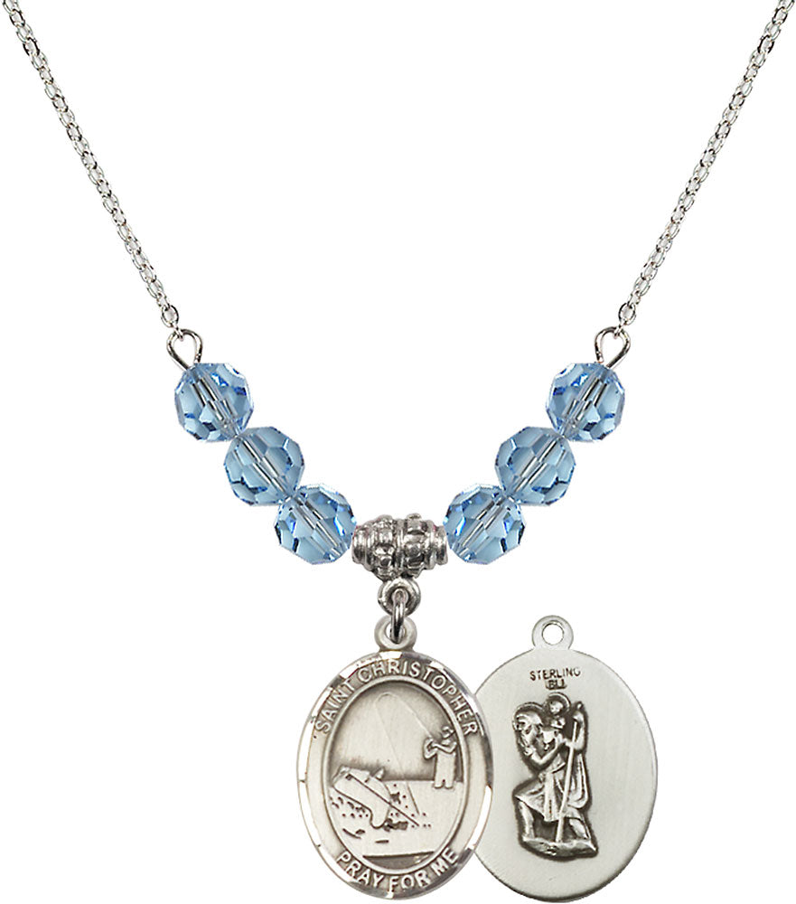 Sterling Silver Saint Christopher / Fishing Birthstone Necklace with Aqua Beads - 8196