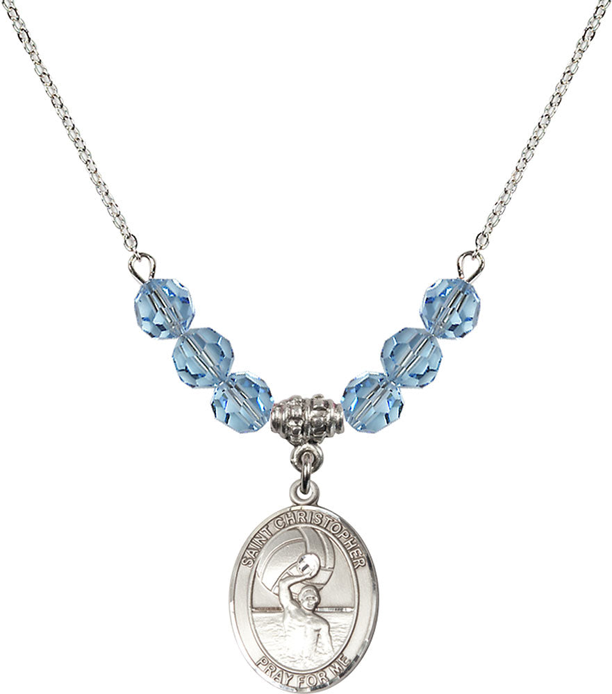 Sterling Silver Saint Christopher/Water Polo-Men Birthstone Necklace with Aqua Beads - 8198