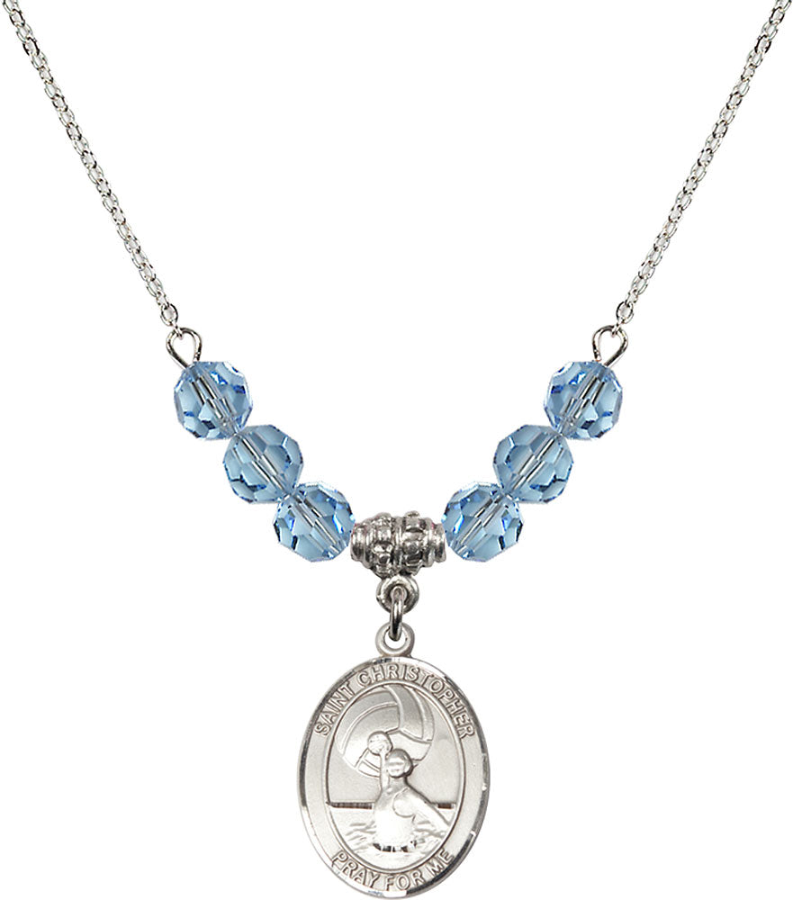 Sterling Silver Saint Christopher/Water Polo-Women Birthstone Necklace with Aqua Beads - 8199
