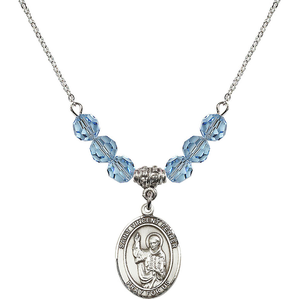 Sterling Silver Saint Vincent Ferrer Birthstone Necklace with Aqua Beads - 8201