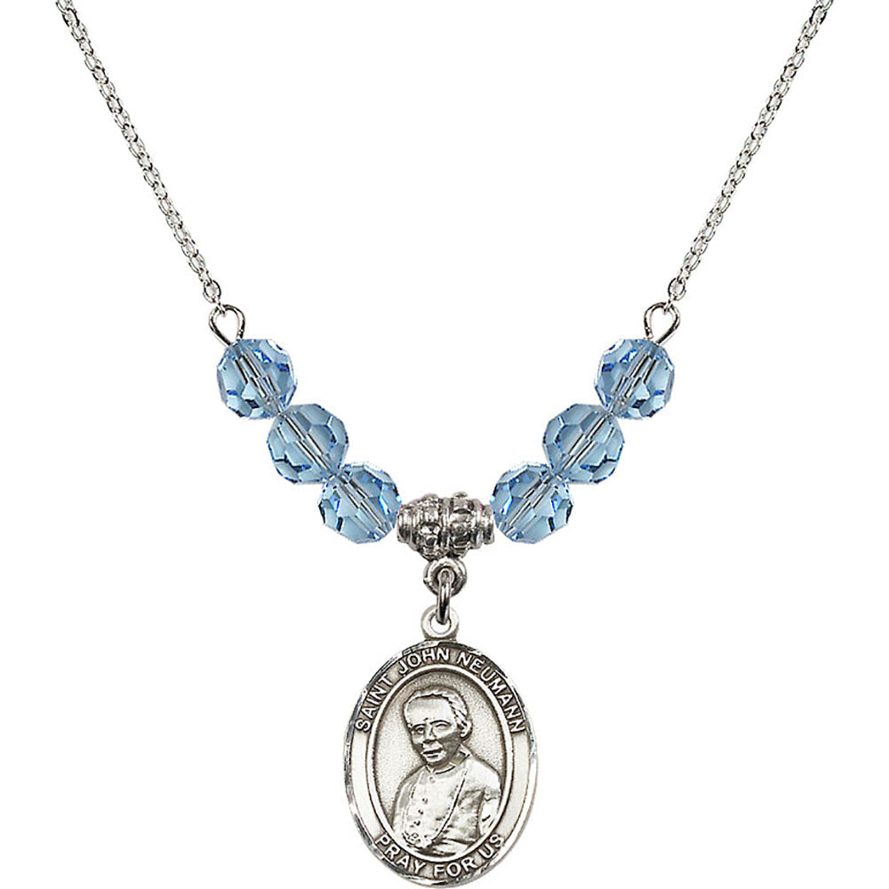 Sterling Silver Saint John Neumann Birthstone Necklace with Aqua Beads - 8204