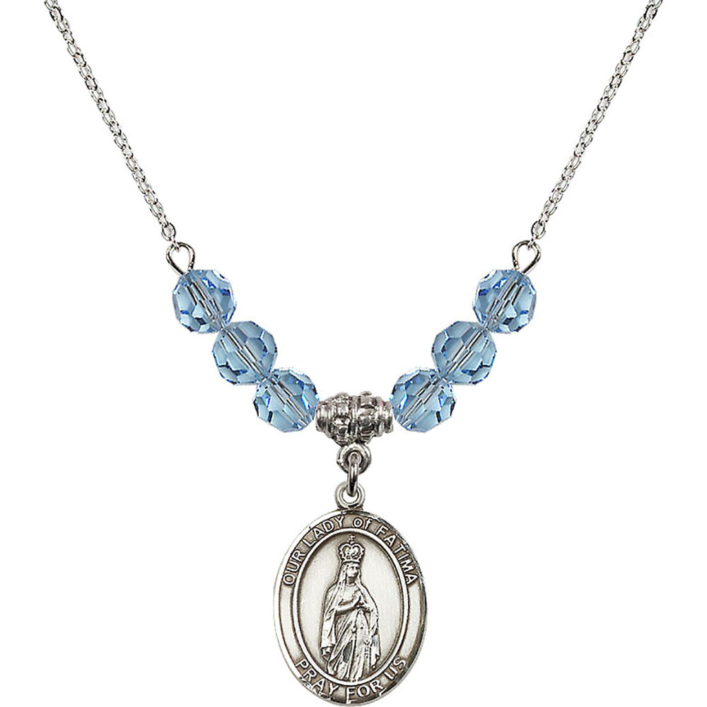 Sterling Silver Our Lady of Fatima Birthstone Necklace with Aqua Beads - 8205
