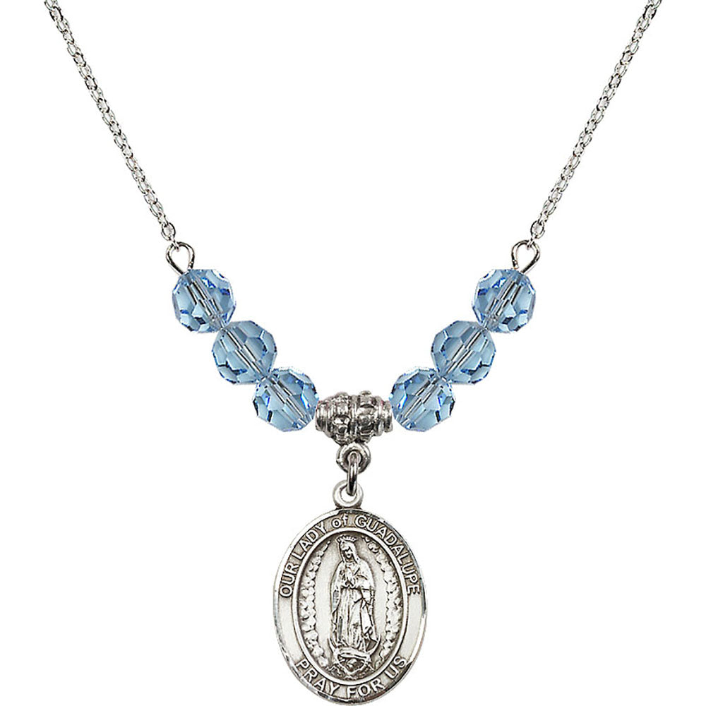 Sterling Silver Our Lady of Guadalupe Birthstone Necklace with Aqua Beads - 8206