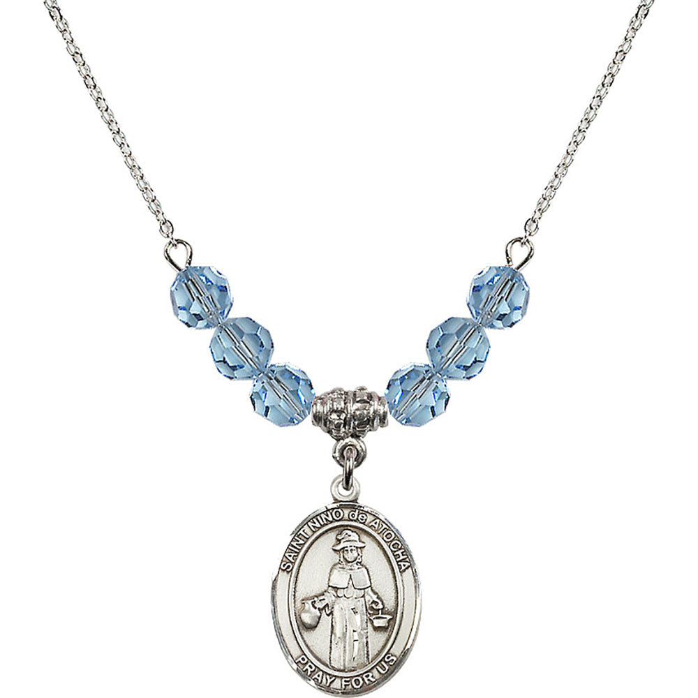 Sterling Silver Saint Nino de Atocha Birthstone Necklace with Aqua Beads - 8214