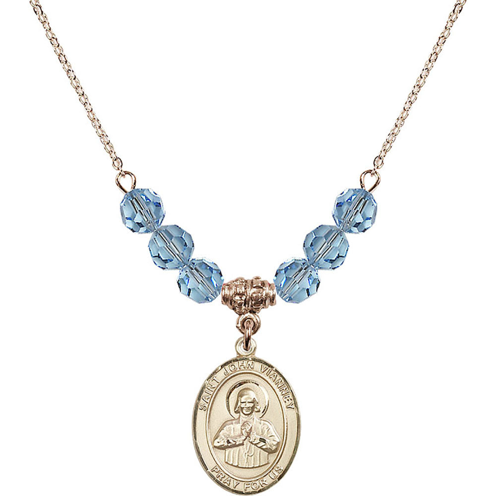 14kt Gold Filled Saint John Vianney Birthstone Necklace with Aqua Beads - 8282