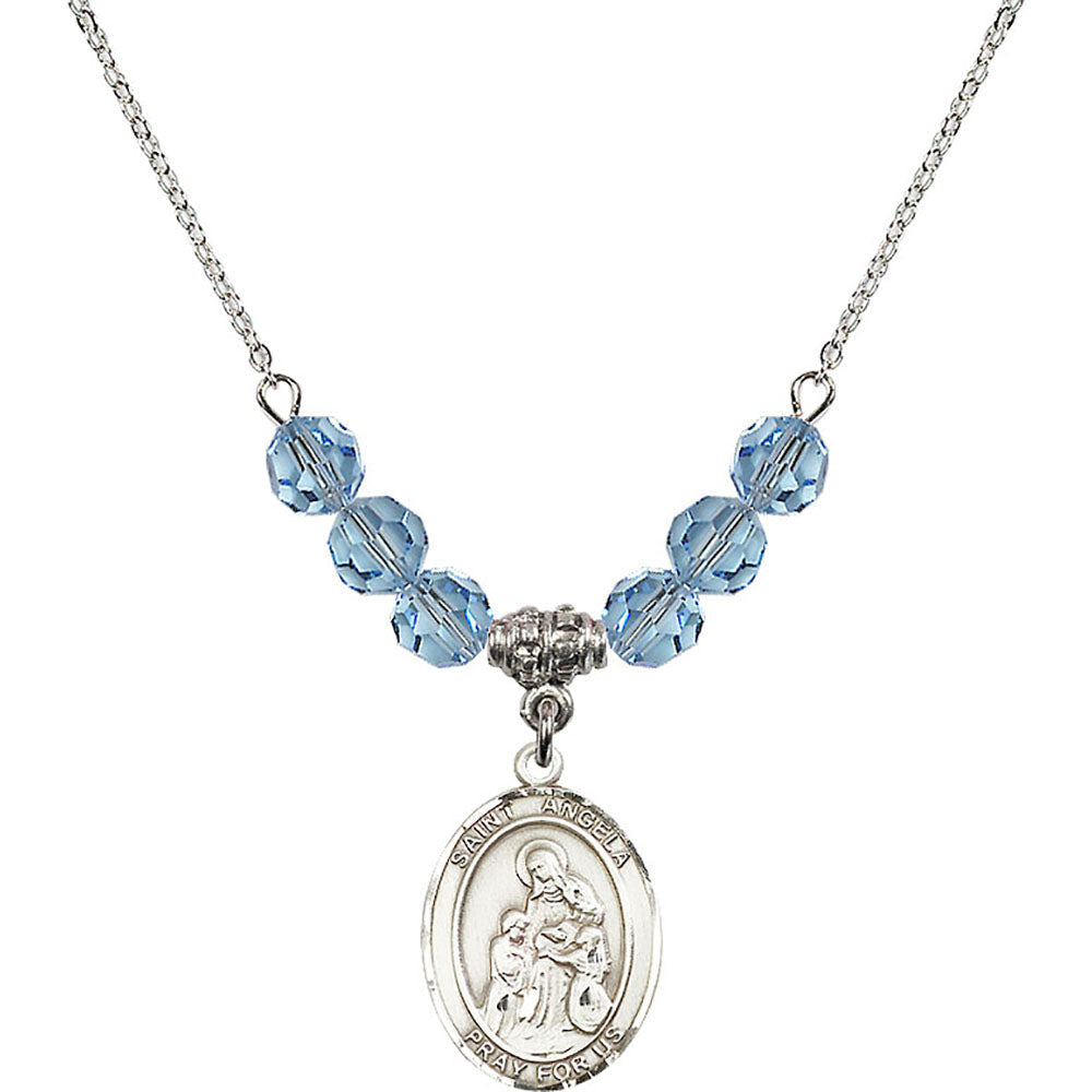 Sterling Silver Saint Angela Merici Birthstone Necklace with Aqua Beads - 8284