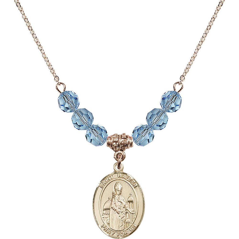 14kt Gold Filled Saint Walter of Pontoise Birthstone Necklace with Aqua Beads - 8285