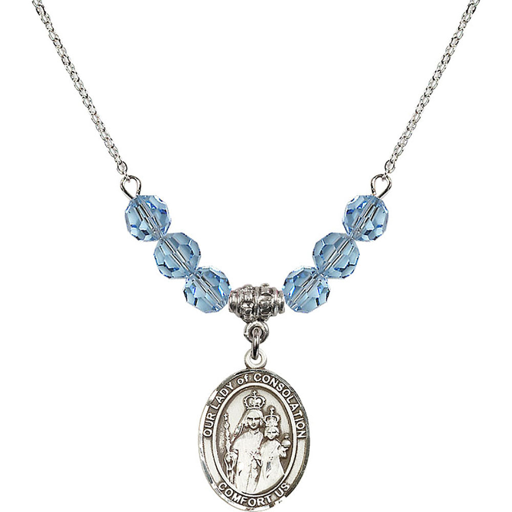 Sterling Silver Our Lady of Consolation Birthstone Necklace with Aqua Beads - 8292