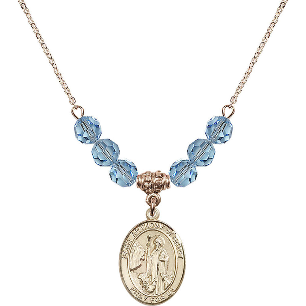 14kt Gold Filled Saint Anthony of Egypt Birthstone Necklace with Aqua Beads - 8317