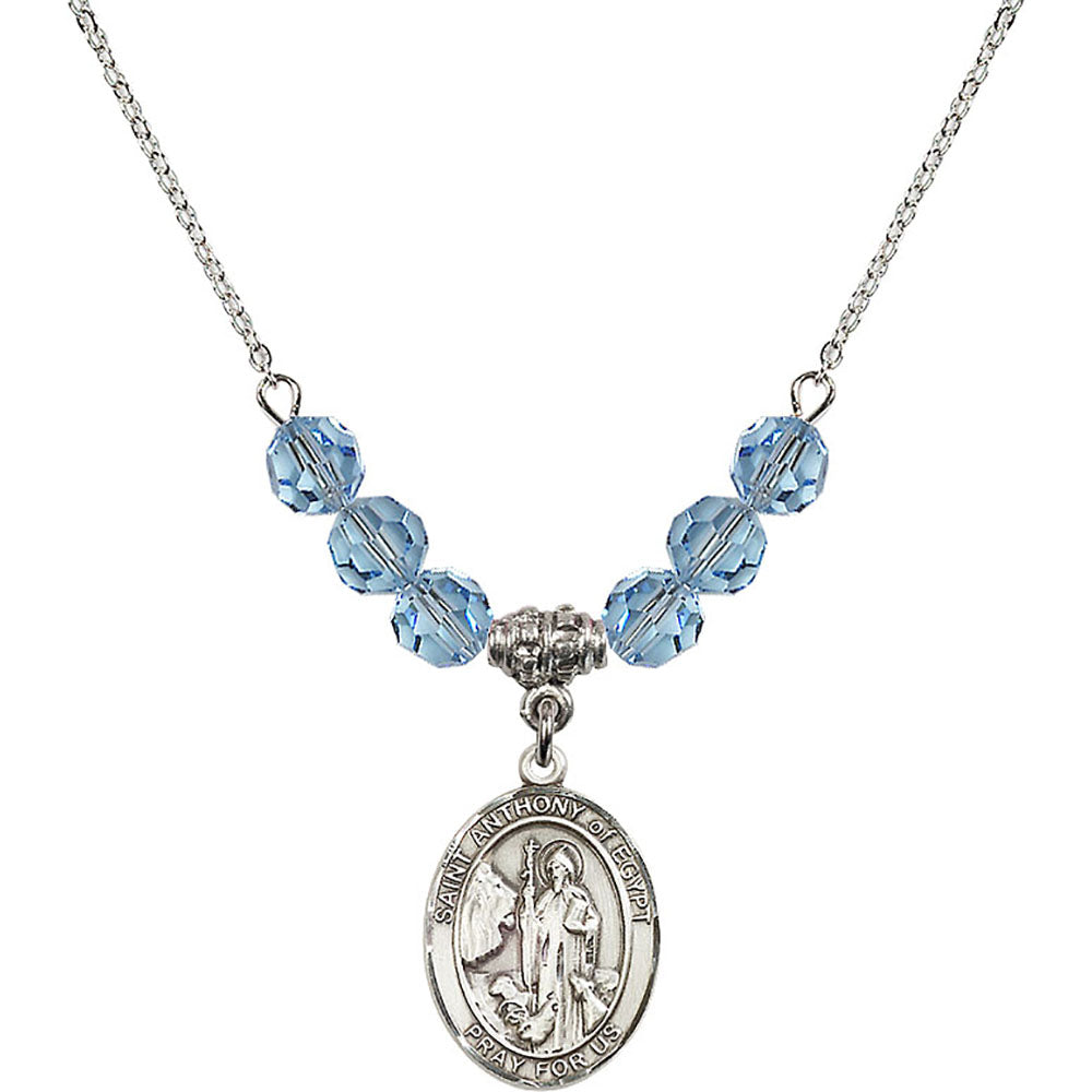 Sterling Silver Saint Anthony of Egypt Birthstone Necklace with Aqua Beads - 8317