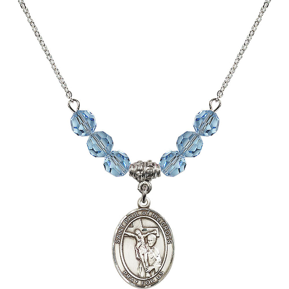 Sterling Silver Saint Paul of the Cross Birthstone Necklace with Aqua Beads - 8318