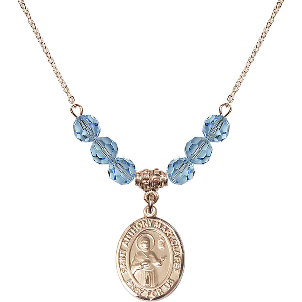 14kt Gold Filled Saint Anthony Mary Claret Birthstone Necklace with Aqua Beads - 8416
