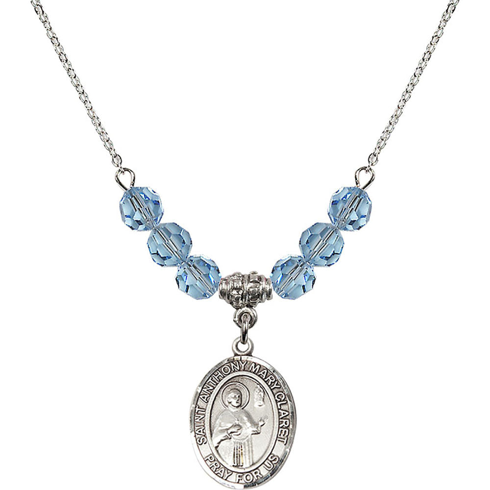 Sterling Silver Saint Anthony Mary Claret Birthstone Necklace with Aqua Beads - 8416