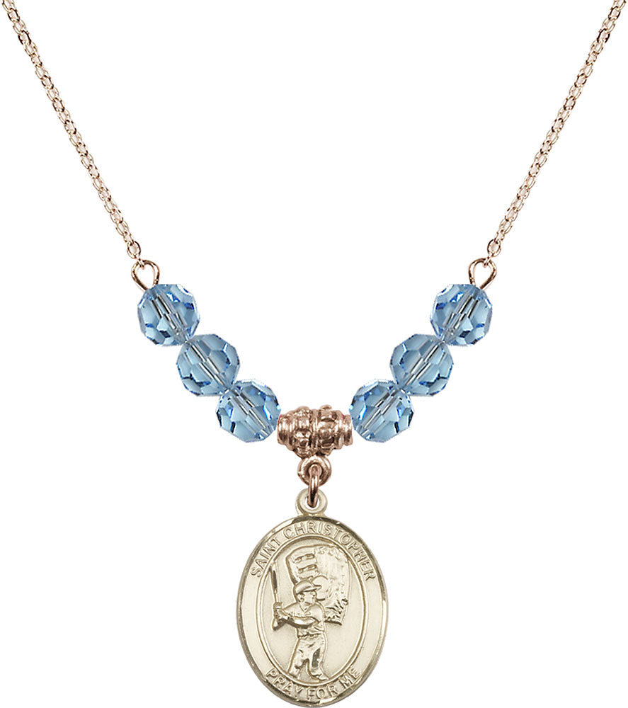 14kt Gold Filled Saint Christopher/Baseball Birthstone Necklace with Aqua Beads - 8500