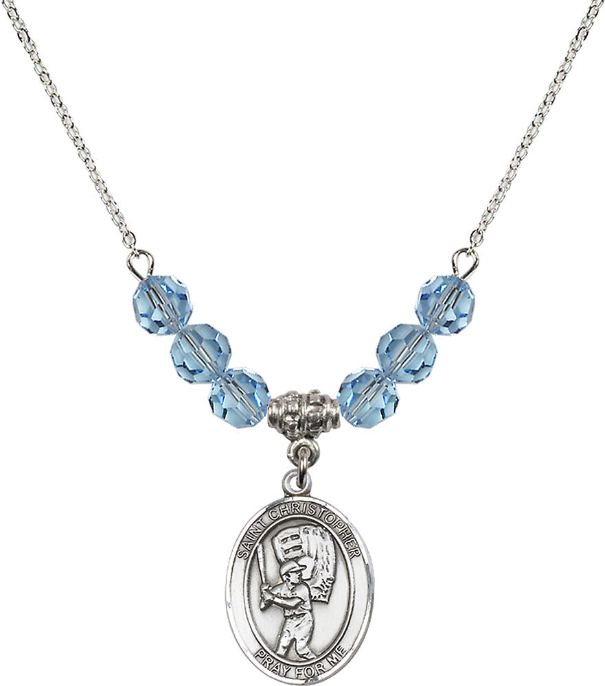 Sterling Silver Saint Christopher/Baseball Birthstone Necklace with Aqua Beads - 8500