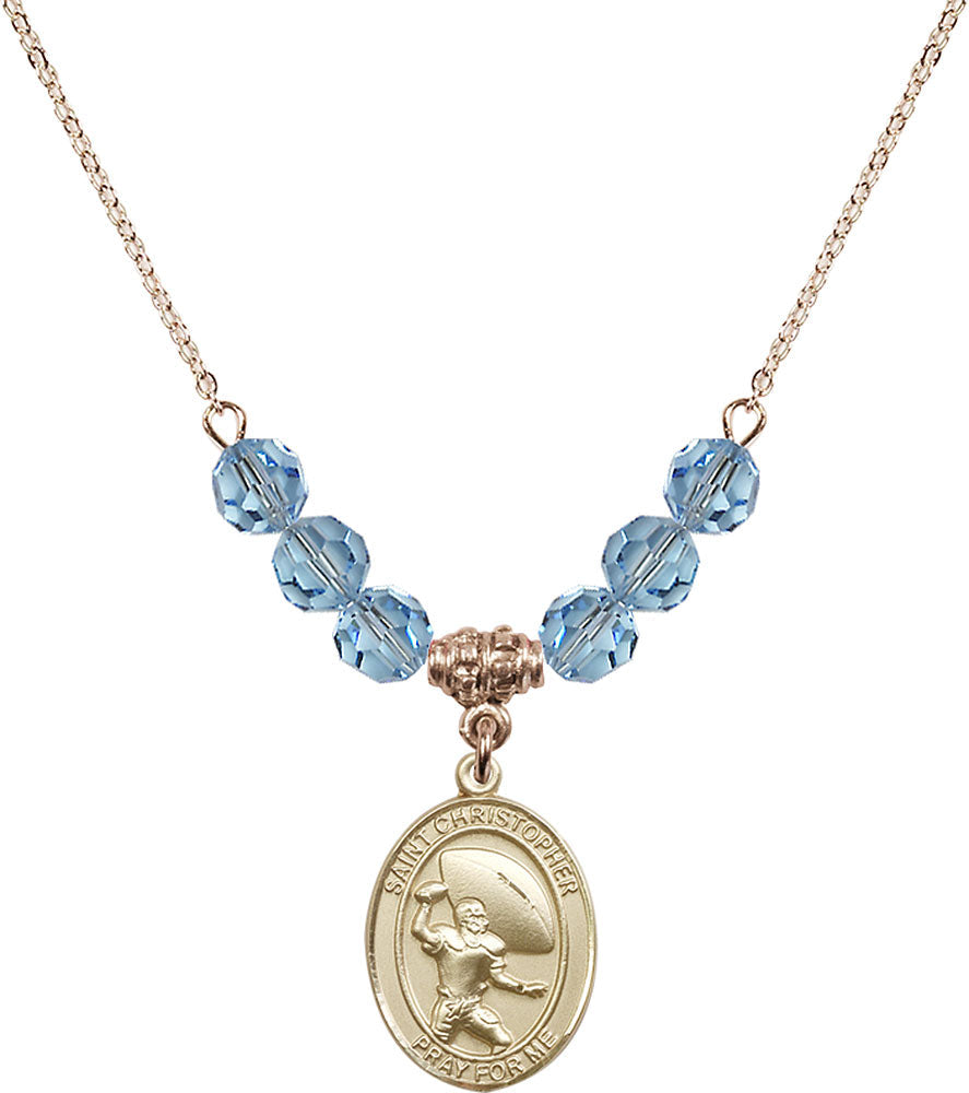 14kt Gold Filled Saint Christopher / Football Birthstone Necklace with Aqua Beads - 8501
