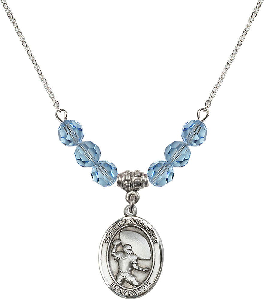 Sterling Silver Saint Christopher / Football Birthstone Necklace with Aqua Beads - 8501