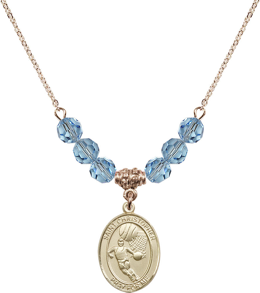 14kt Gold Filled Saint Christopher/Basketball Birthstone Necklace with Aqua Beads - 8502
