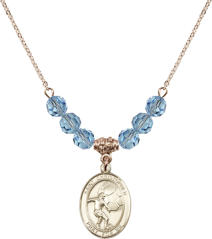 14kt Gold Filled Saint Christopher/Soccer Birthstone Necklace with Aqua Beads - 8503