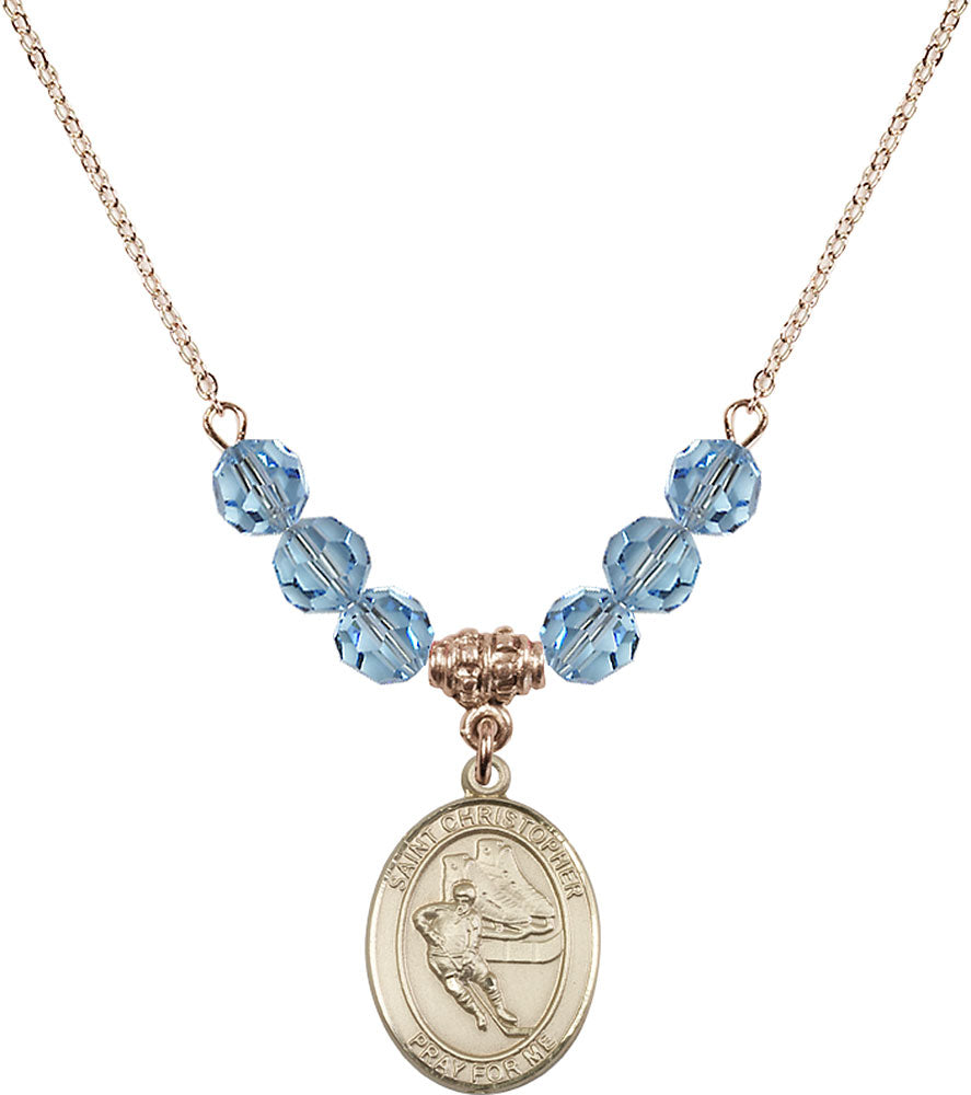 14kt Gold Filled Saint Christopher/Hockey Birthstone Necklace with Aqua Beads - 8504