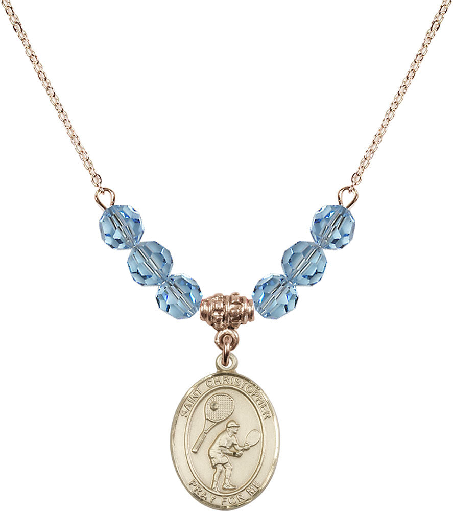 14kt Gold Filled Saint Christopher/Tennis Birthstone Necklace with Aqua Beads - 8505