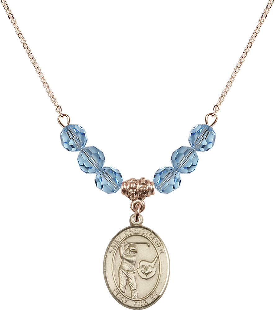 14kt Gold Filled Saint Christopher/Golf Birthstone Necklace with Aqua Beads - 8506