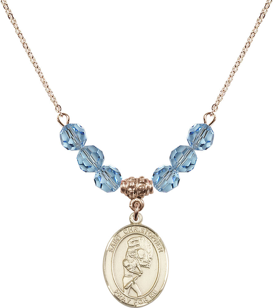 14kt Gold Filled Saint Christopher/Softball Birthstone Necklace with Aqua Beads - 8507