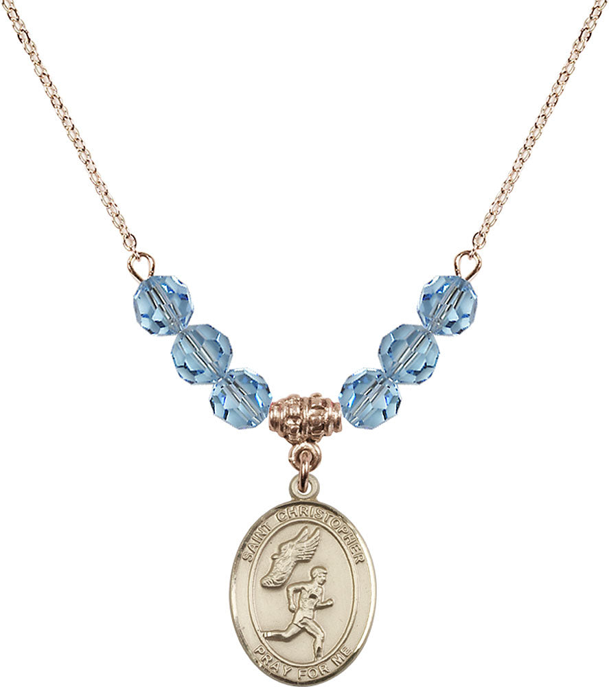 14kt Gold Filled Saint Christopher/Track&Field-Men Birthstone Necklace with Aqua Beads - 8509