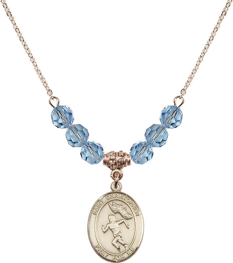 14kt Gold Filled Saint Christopher/Track&Field-Women Birthstone Necklace with Aqua Beads - 8510