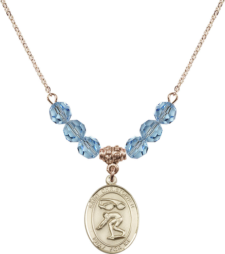 14kt Gold Filled Saint Christopher/Swimming Birthstone Necklace with Aqua Beads - 8511