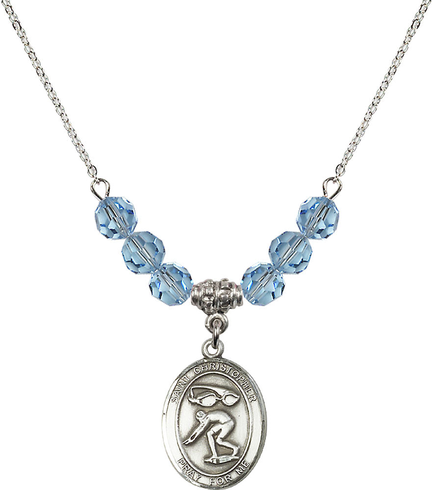 Sterling Silver Saint Christopher/Swimming Birthstone Necklace with Aqua Beads - 8511