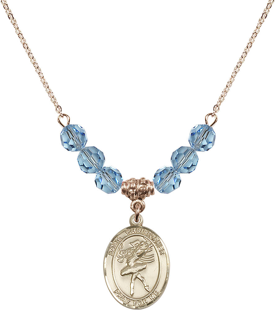 14kt Gold Filled Saint Christopher/Dance Birthstone Necklace with Aqua Beads - 8512
