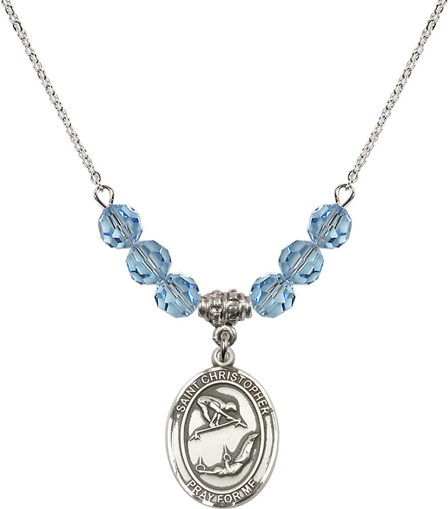 Sterling Silver Saint Christopher/Gymnastics Birthstone Necklace with Aqua Beads - 8513