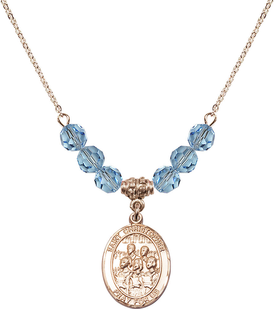 14kt Gold Filled Saint Christopher / Choir Birthstone Necklace with Aqua Beads - 8514