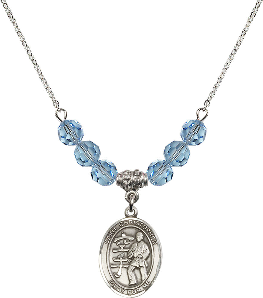 Sterling Silver Saint Christopher / Karate Birthstone Necklace with Aqua Beads - 8515