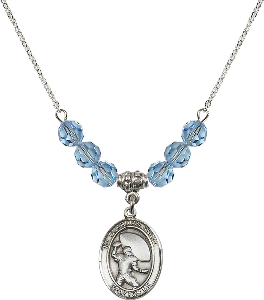 Sterling Silver Guardian Angel/Football Birthstone Necklace with Aqua Beads - 8701