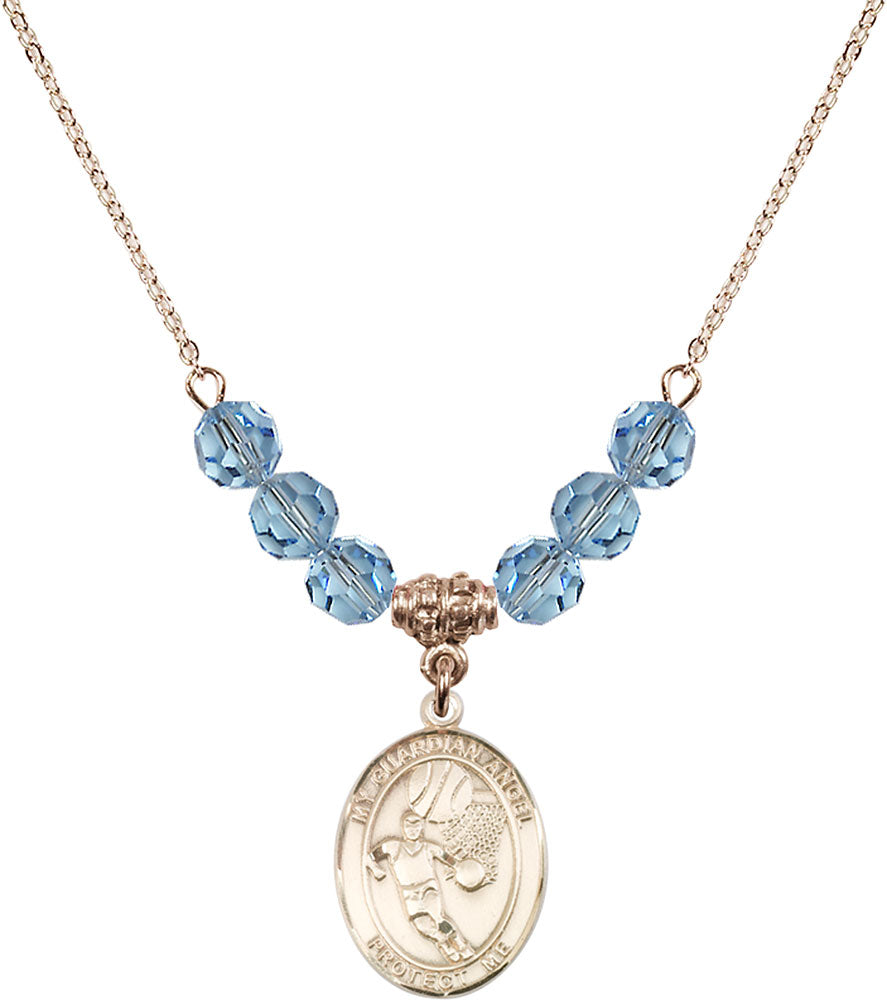 14kt Gold Filled Guardian Angel/Basketball Birthstone Necklace with Aqua Beads - 8702
