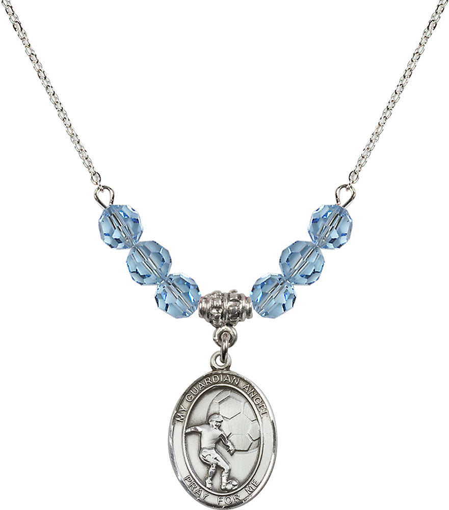 Sterling Silver Guardian Angel/Soccer Birthstone Necklace with Aqua Beads - 8703