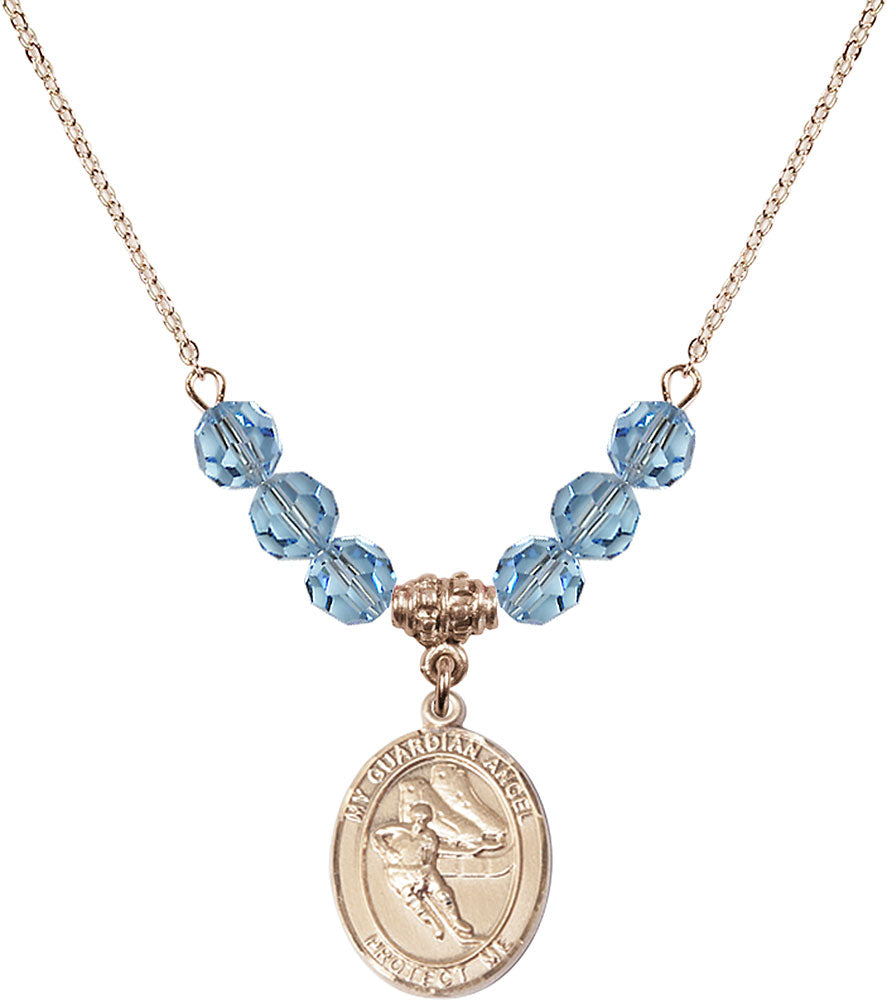 14kt Gold Filled Guardian Angel/Hockey Birthstone Necklace with Aqua Beads - 8704